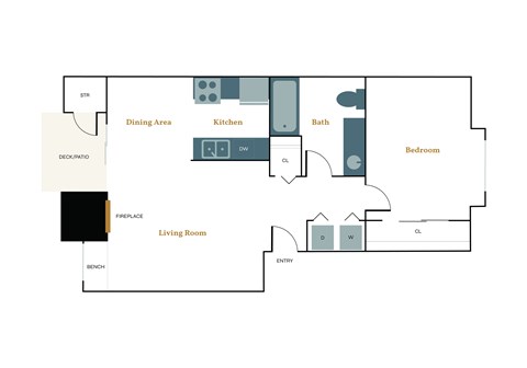 A floor plan of a house with a living room, dining area, kitchen, bath, and bedroom.